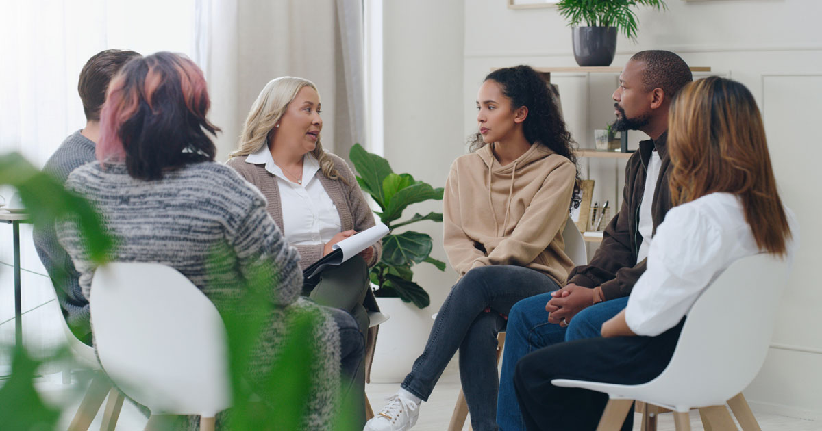 Group therapy session at My Time Recovery in Fresno, California.