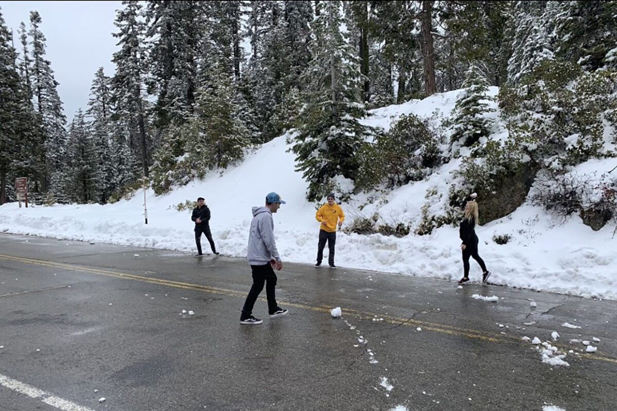 Group of people playing in the snow on a forested mountain road during a winter outing with My Time Recovery.